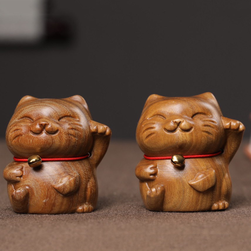 Fortune Bell Cat Lucky The Cat Wooden Figurine